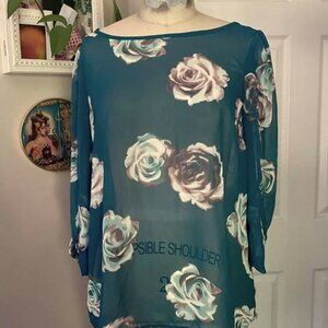 LAUREN CONRAD TEAL Floral ROSES Boat-neck Slouchy Tunic shirt *SMALL*
